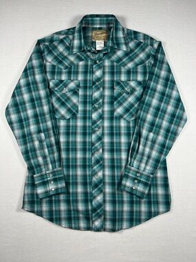 Wrangler Mens Turqiouse Plaid Long Sleeve Pearl Snap Western Shirt Size M